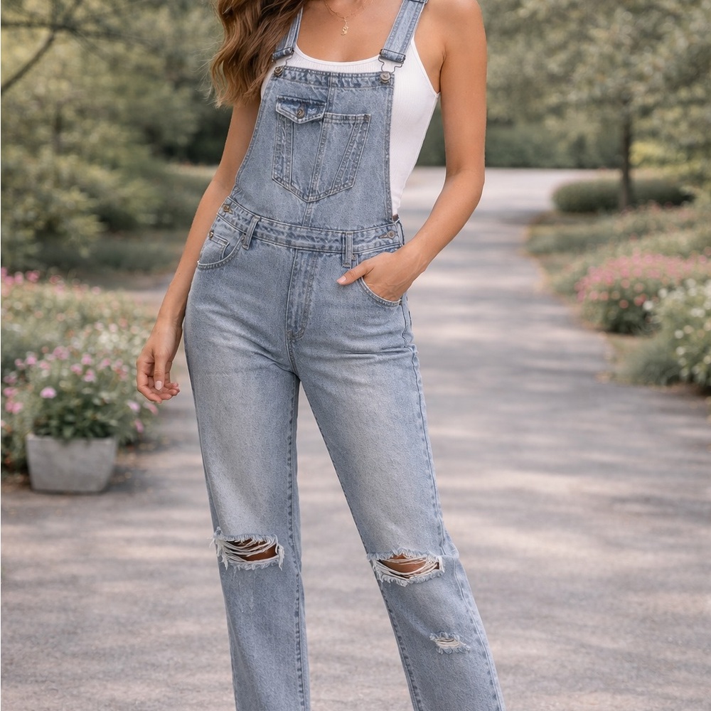 Light Wash Denim Overalls with Distressed Knees